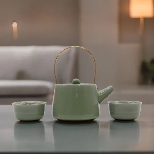 Jade Glaze Teapot Set with Two Cups