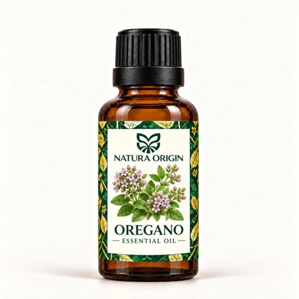 Natura Origin oregano essential oil bottle on an ivory background